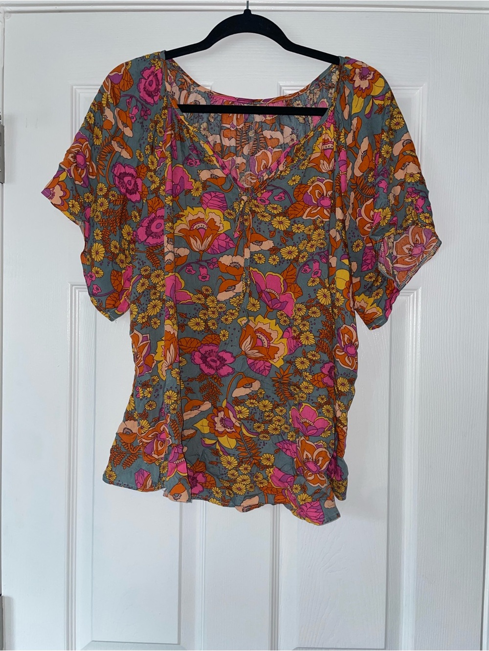 Floral V-Neck Women's Blouse in Gray with Pink & Orange Flowers